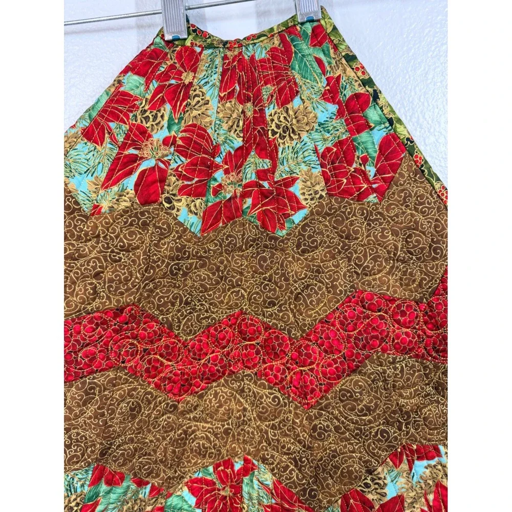 Quilted Christmas Tree‎ Skirt Reversible Poinsettia Pine Cone Red Green